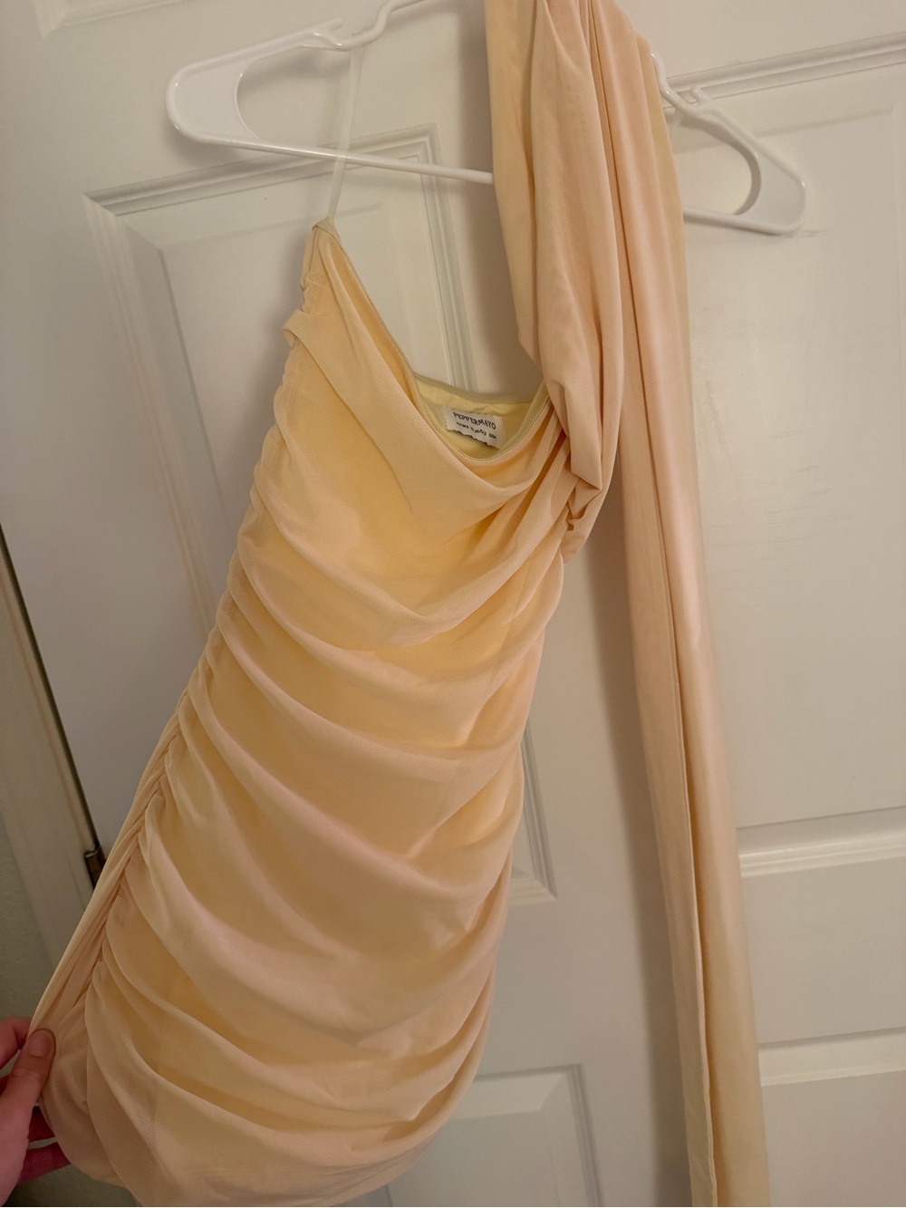 Peppermayo One-Shoulder Ruched Mini Dress in Cream - Picture 3 of 7